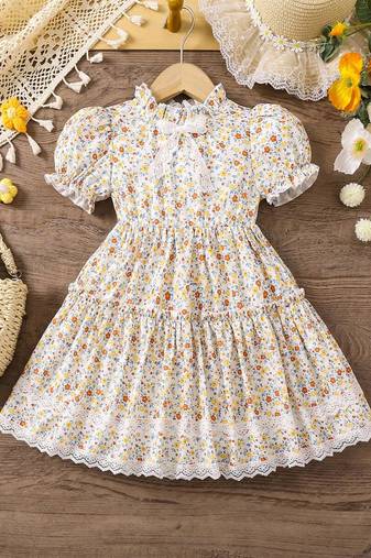 Off white color printed cotton blend fit&flared style dresses