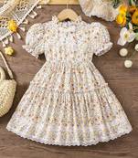 Off white color printed cotton blend fit&flared style dresses