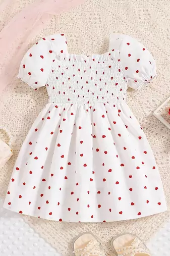 White-red color printed cotton blend fit&flared style dresses