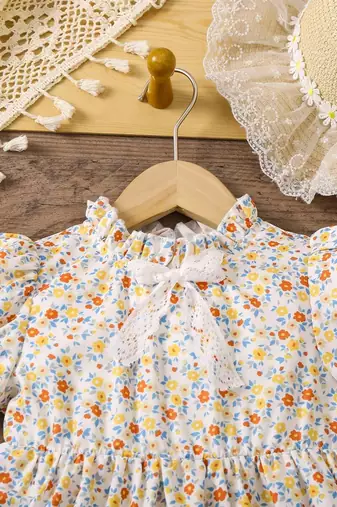 Off white color printed cotton blend fit&flared style dresses