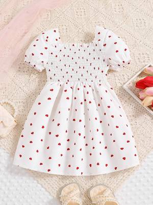 White-red color printed cotton blend fit&flared style dresses 4