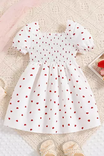 White-red color printed cotton blend fit&flared style dresses