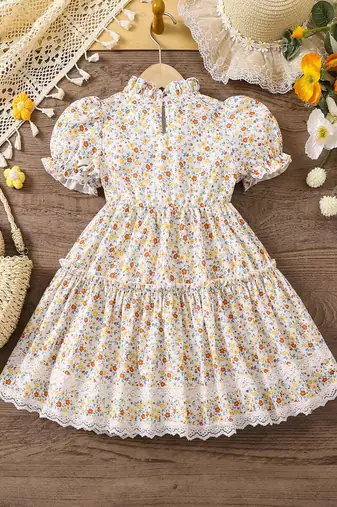 Off white color printed cotton blend fit&flared style dresses