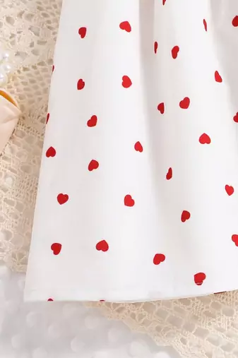 White-red color printed cotton blend fit&flared style dresses
