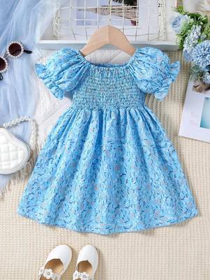 Sky color printed cotton blend fit&flared style dresses 1