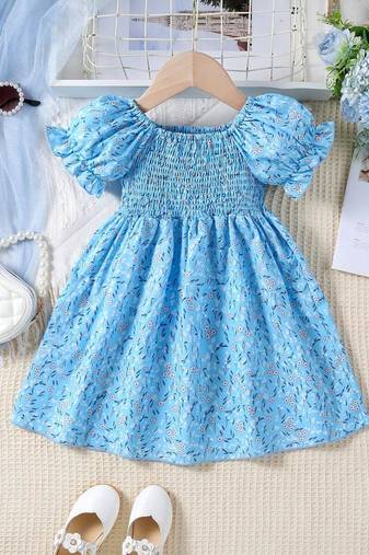 Sky color printed cotton blend fit&flared style dresses
