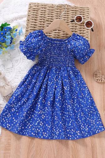 Royal blue color printed cotton blend fit&flared style dresses