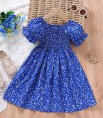 Royal blue color printed cotton blend fit&flared style dresses