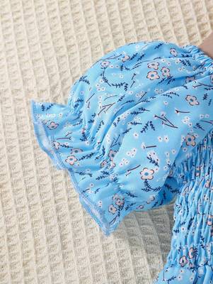 Sky color printed cotton blend fit&flared style dresses 3
