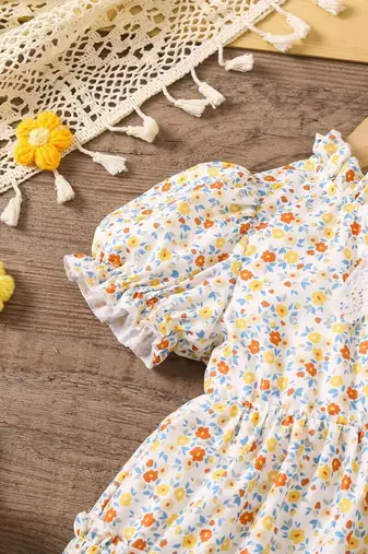 Off white color printed cotton blend fit&flared style dresses