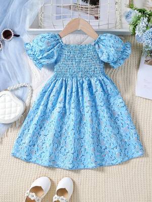 Sky color printed cotton blend fit&flared style dresses 4