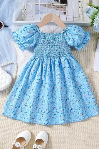 Sky color printed cotton blend fit&flared style dresses