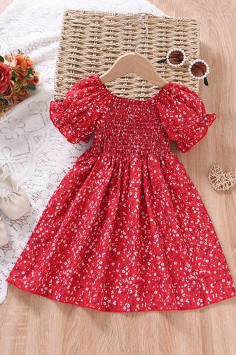 Red color printed cotton blend fit&flared style dresses