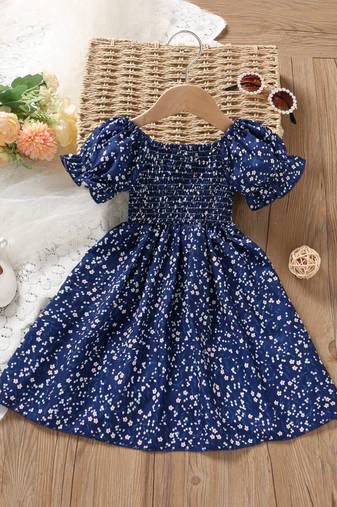 Navy blue color printed cotton blend fit&flared style dresses