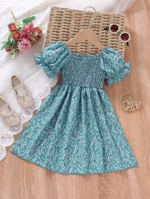 Mint blue color printed cotton blend fit&flared style dresses 1