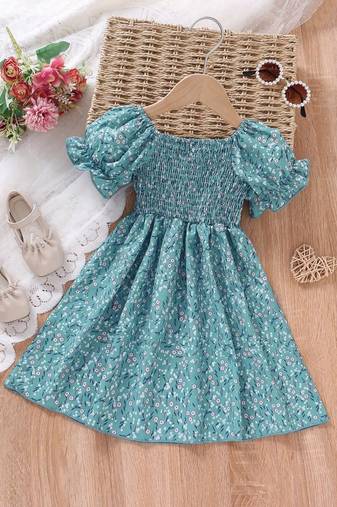 Mint blue color printed cotton blend fit&flared style dresses