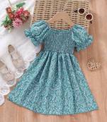 Mint blue color printed cotton blend fit&flared style dresses