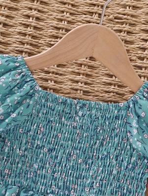 Mint blue color printed cotton blend fit&flared style dresses 3