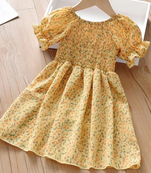 Yellow color printed cotton blend fit&flared style dresses