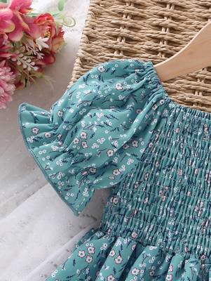 Mint blue color printed cotton blend fit&flared style dresses 4