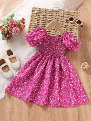 Dark pink color printed cotton blend fit&flared style dresses 1
