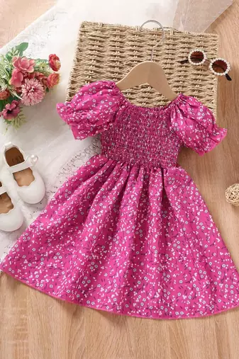 Dark pink color printed cotton blend fit&flared style dresses