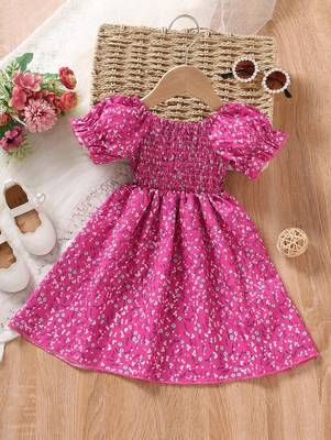 Dark pink color printed cotton blend fit&flared style dresses 2