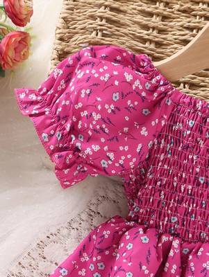 Dark pink color printed cotton blend fit&flared style dresses 3