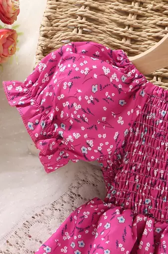 Dark pink color printed cotton blend fit&flared style dresses