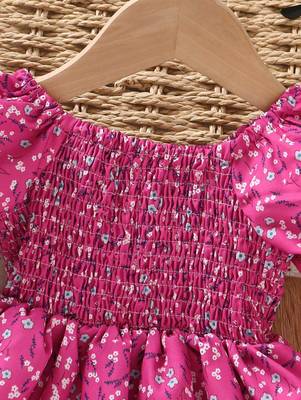 Dark pink color printed cotton blend fit&flared style dresses 4