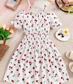 White color printed cotton blend fit&flared style dresses