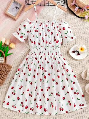 White color printed cotton blend fit&flared style dresses 3