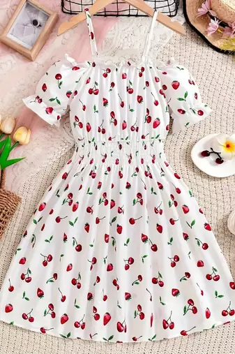 White color printed cotton blend fit&flared style dresses