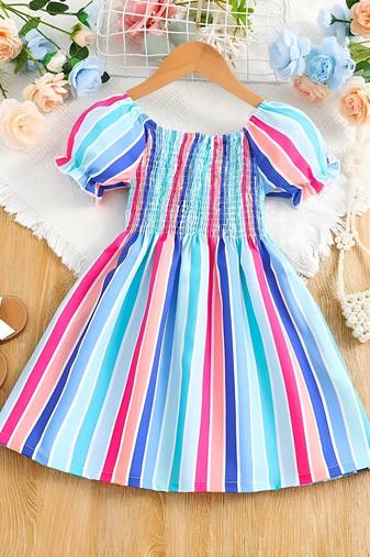Blue color printed cotton blend fit&flared style dresses