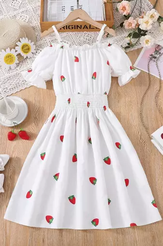 White color printed cotton blend fit&flared style dresses