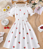 White color printed cotton blend fit&flared style dresses