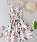 White color printed cotton blend fit&flared style dresses