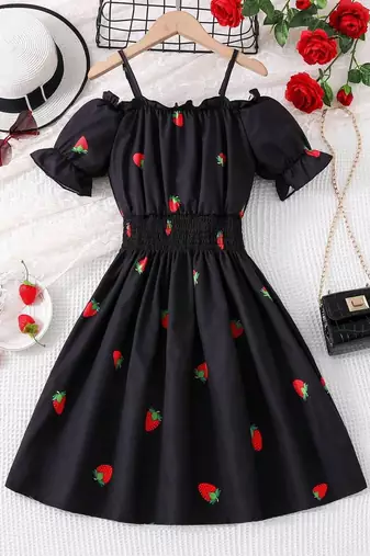 Black color printed cotton blend fit&flared style dresses