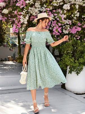 Jade green color printed cotton blend fit&flared style dresses 1
