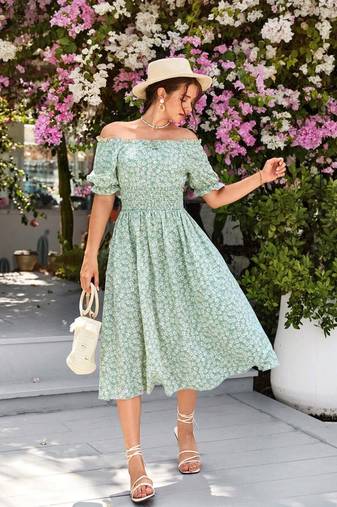 Jade green color printed cotton blend fit&flared style dresses
