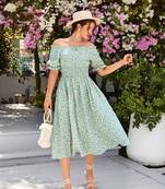 Jade green color printed cotton blend fit&flared style dresses