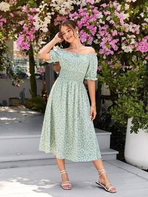 Jade green color printed cotton blend fit&flared style dresses 2