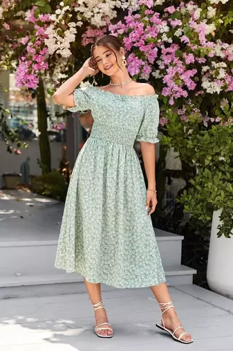 Jade green color printed cotton blend fit&flared style dresses