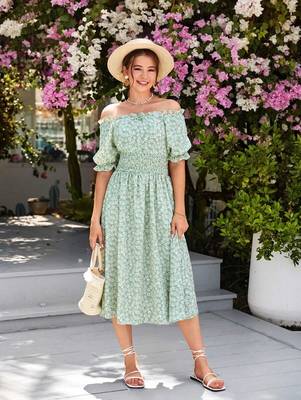 Jade green color printed cotton blend fit&flared style dresses 3
