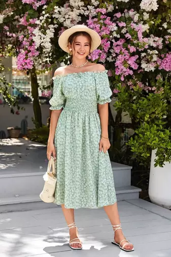 Jade green color printed cotton blend fit&flared style dresses