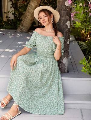 Jade green color printed cotton blend fit&flared style dresses 4