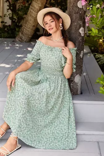 Jade green color printed cotton blend fit&flared style dresses