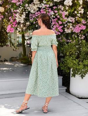 Jade green color printed cotton blend fit&flared style dresses 5