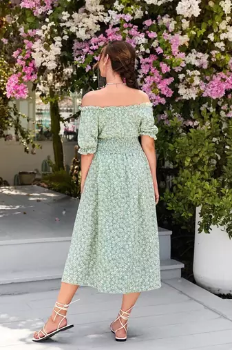 Jade green color printed cotton blend fit&flared style dresses