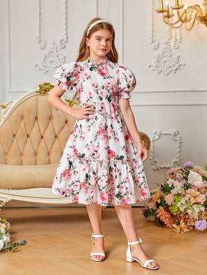 Snow color printed cotton blend fit&flared style dresses 1
